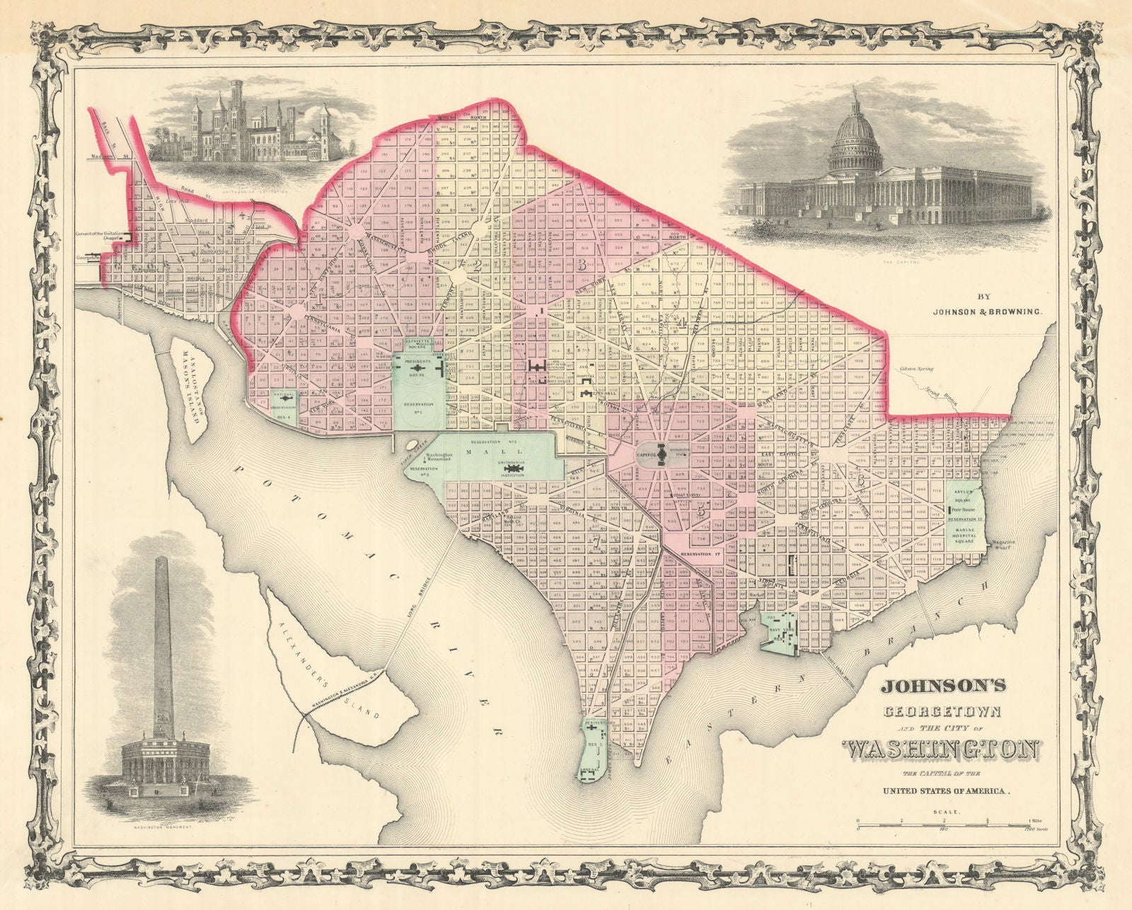 Johnson's Georgetown and the City of Washington DC 1861 old antique map chart